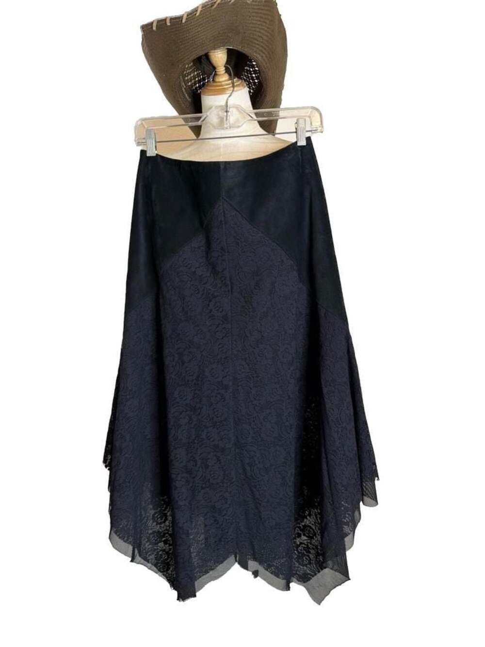 Europa Black Suede and Lace Handkerchief Hem Skirt Size 12